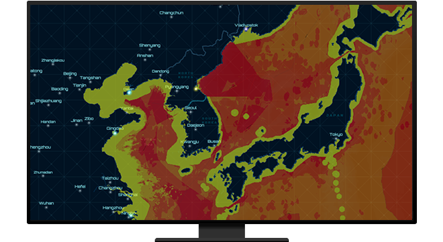 Map of China, South Korea, North Korea, & Japan with shaded areas.