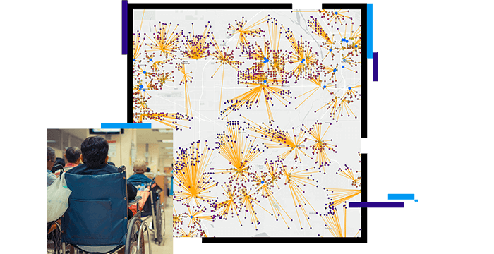 People sitting in wheelchairs, a map with many dots and lines coming out of them