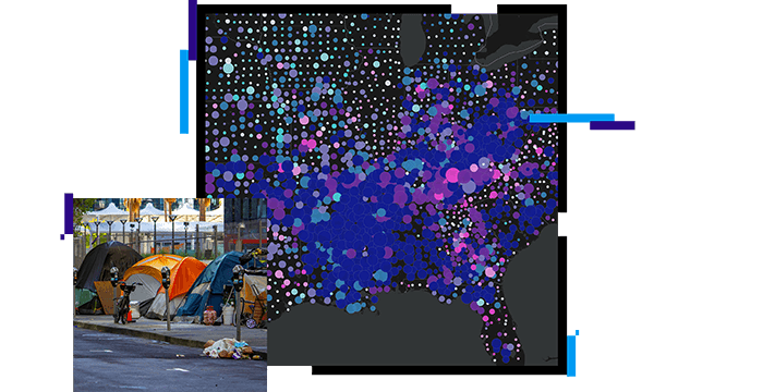 map of the United States shaded in blue, pink, and purple, and tents on a sidewalk