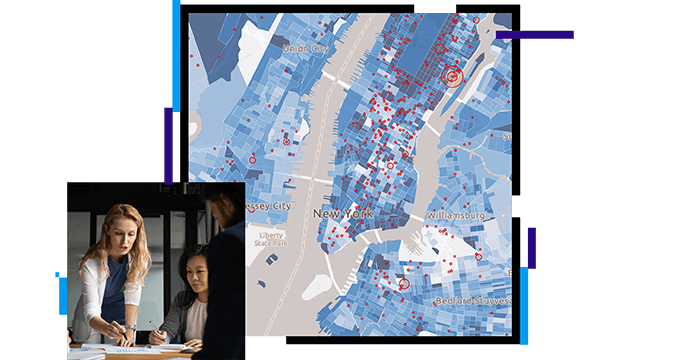 map of New York City, people in a meeting