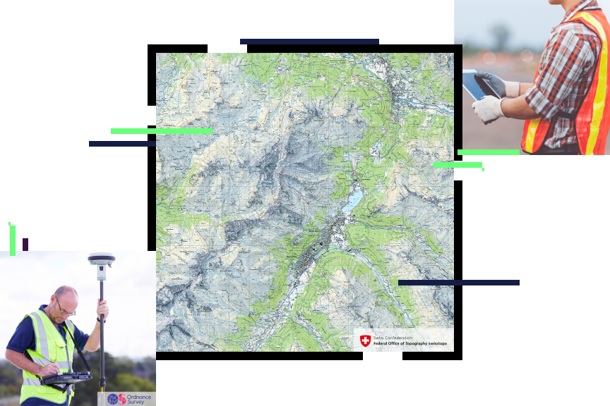 Two photos of surveyors observing land while taking notes on mobile devices and an elevation map of a mountain range in gray and green