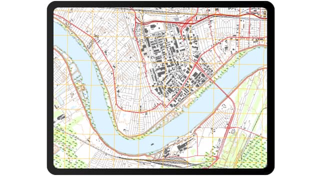 Detailed map of a river and surrounding city