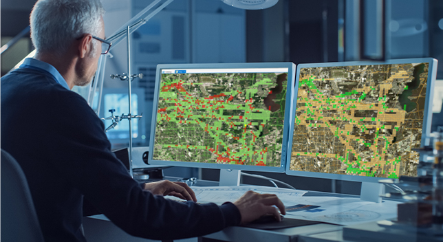 Man looking at digital maps on multiple desktop computers 