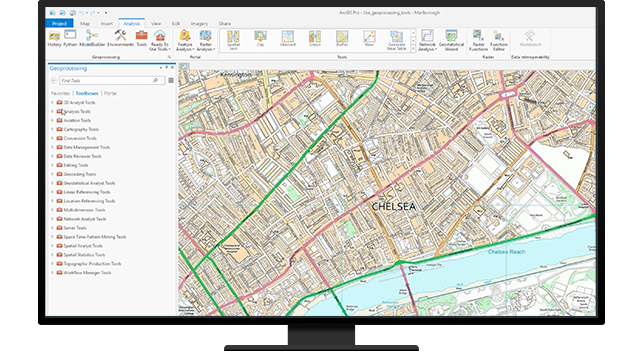 Desktop computer showing a map of an area of a town