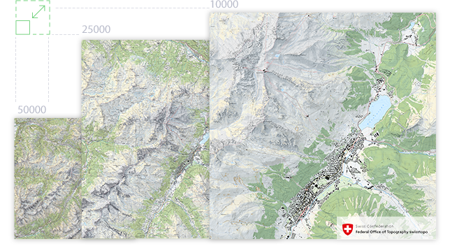 The same map is shown at three different sizes or scales