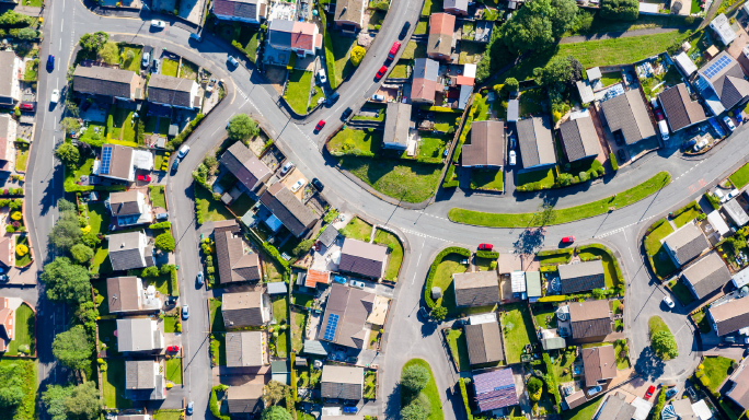 An aerial view of a suburban neighborhood