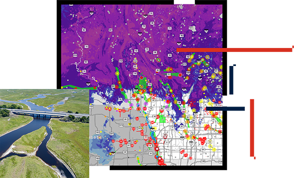 A graphic of two different sized squares, one larger square showing a radar weather map in hues of purple and a smaller square showing an aerial view of a series of connecting lakes with a bridge over it