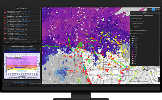 A monitor displaying an application interface that shows data on the left, a radar weather map in the center, and a legend on the right