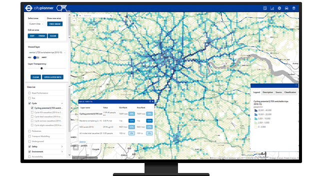 Graphic of a computer monitor displaying a map dashboard with a city map in green and blue