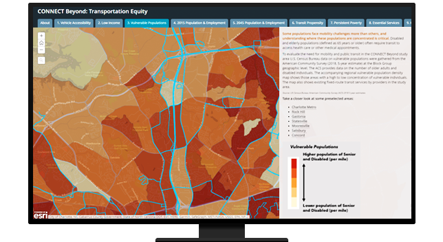 Graphic of a computer monitor displaying a map dashboard with a map in shades of orange beside tabs of data