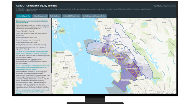 Graphic of a computer monitor displaying a map dashboard with data and a map in purple and beige