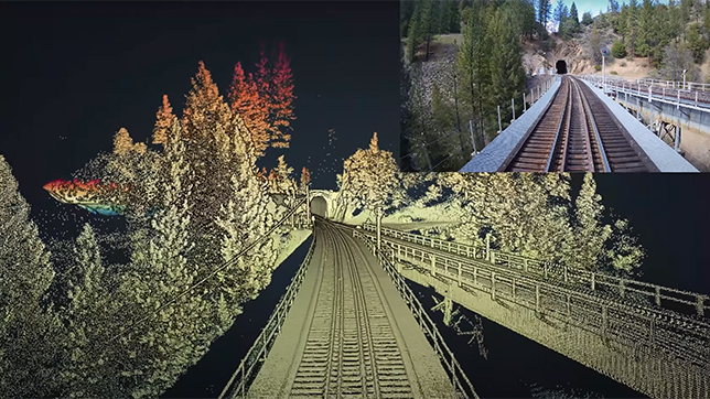 山のトンネルに近づいている列車の写真と、LIDAR 画像で取得された同じ写真