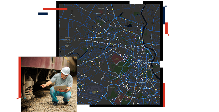 Montage of a dark map with blue lines with white dots;  worker in a hard hat pointing to a coil underneath a rail car