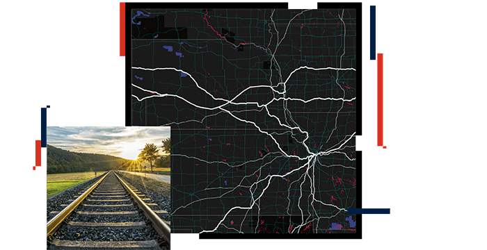 Montage of a dark map with yellow lines with colored dots; train tracks going into a distance of trees and hills 