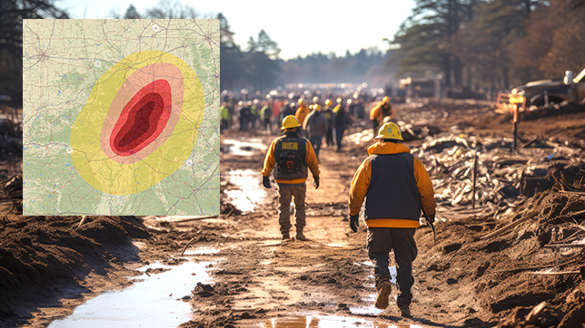 Large number of workers in hard hats massed in a wide, muddy ditch