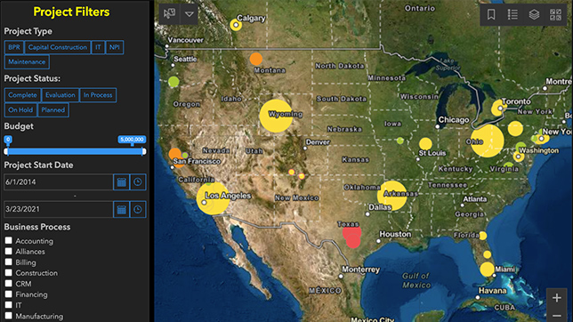 Terrain map of the United States with selected major cities marked and project status information to the right