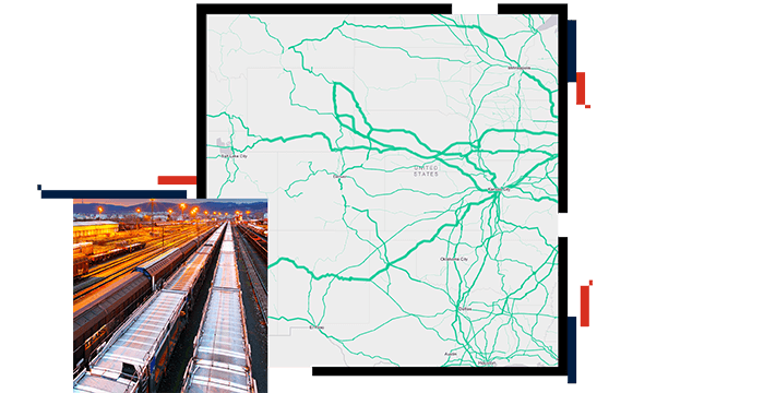 Montagem de um mapa branco com linhas azuis e verdes e vista aérea de um pátio ferroviário com vários trens