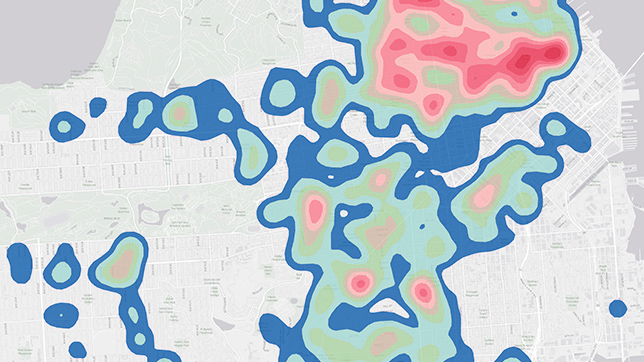 Mapa escuro com áreas sombreadas em roxo claro, juntamente com códigos postais dos EUA e gráficos de barras vermelhos e roxos com valores em dólares no topo