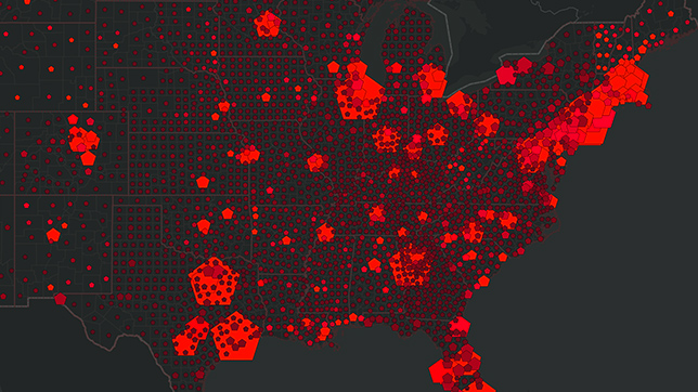 Mapa preto dos Estados Unidos com grupos de vermelho indicando locais ferroviários desejáveis