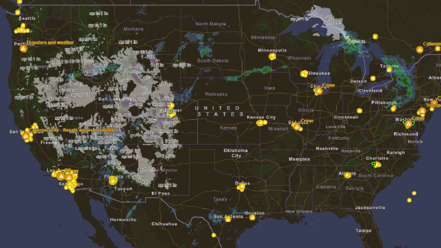 Black map of the United States showing gray patches and scattered yellow data points