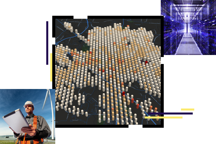  A vertical concentration map in orange and gray, a server room in vivid blue and white, and a person in safety gear holding a tablet beside a wind turbine