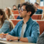 A classroom full of university students in a theater-style classroom observing the lecture of an unseen instructor