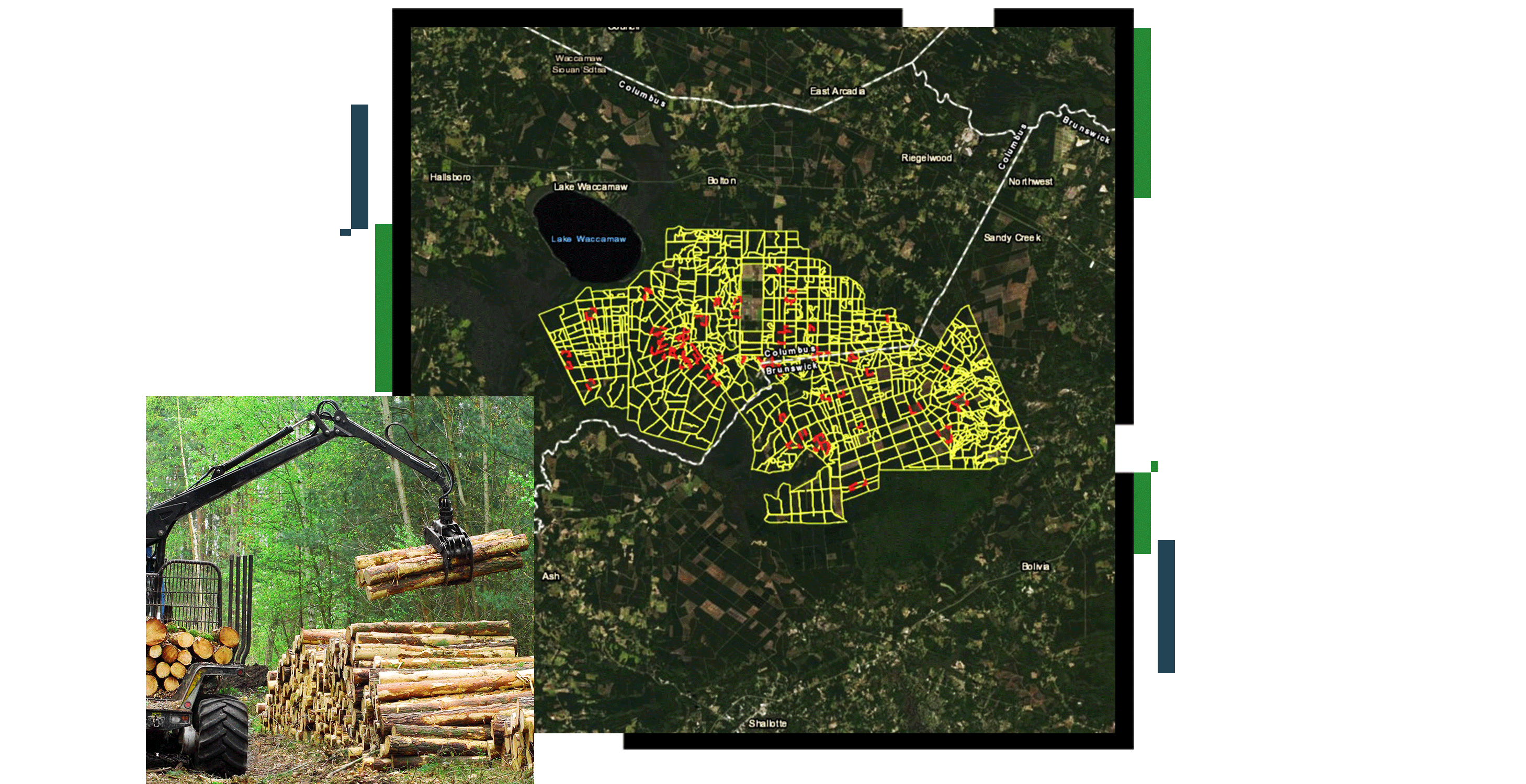 •	A graphic of a laptop displaying a map in green with an overlay of areas highlighted for analysis