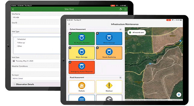 A graphic of two mobile tablets displaying coordinating information, including an aerial photo of farmland, several data points, and various menus