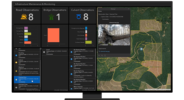 A graphic of a computer monitor displaying a map dashboard with a map of a forest in green and tan, graphs, and various data points