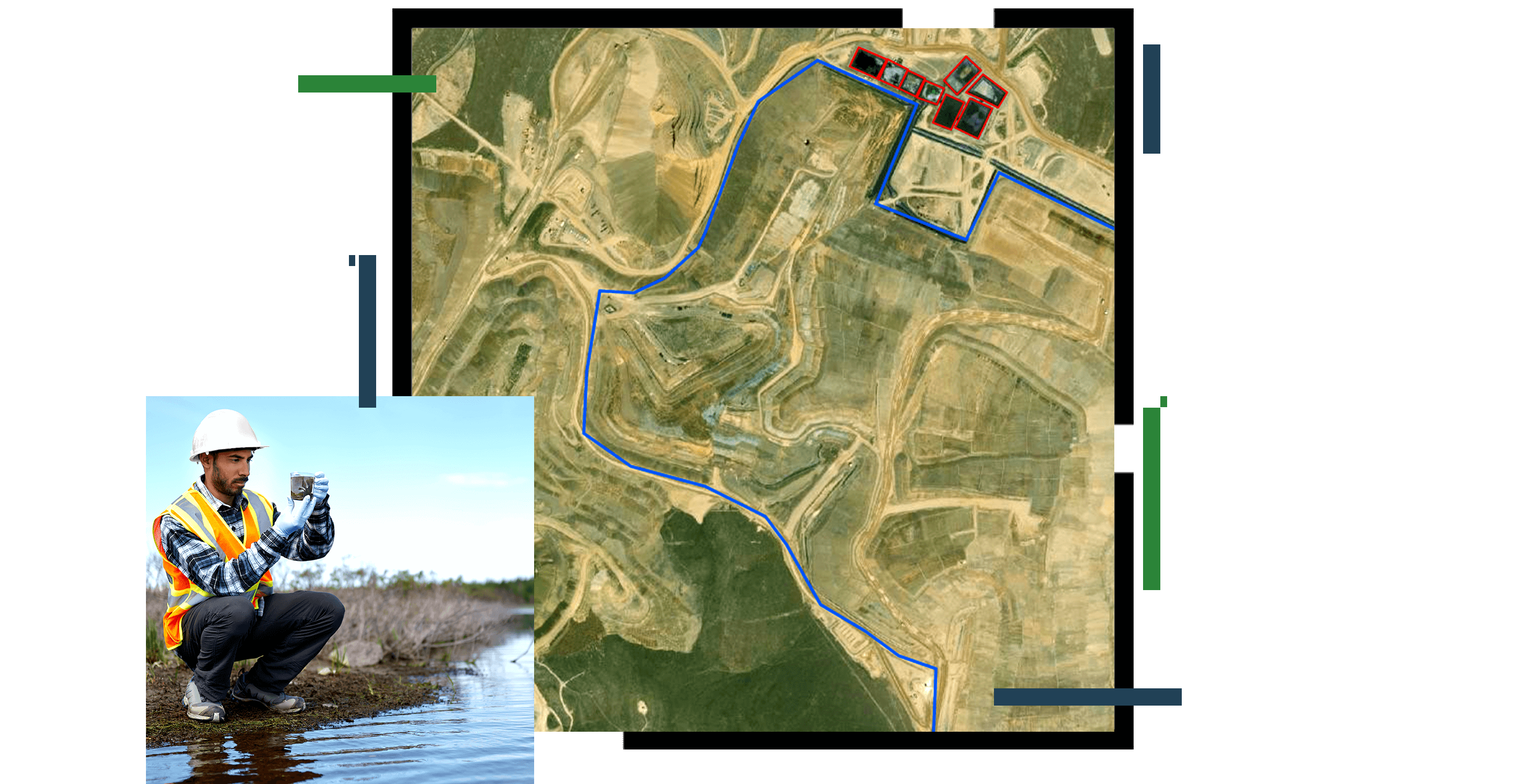 A fieldwork worker crouched down on a riverbank collecting water in a water sampler, and an aerial map in the background outlining areas of interest in blue and red