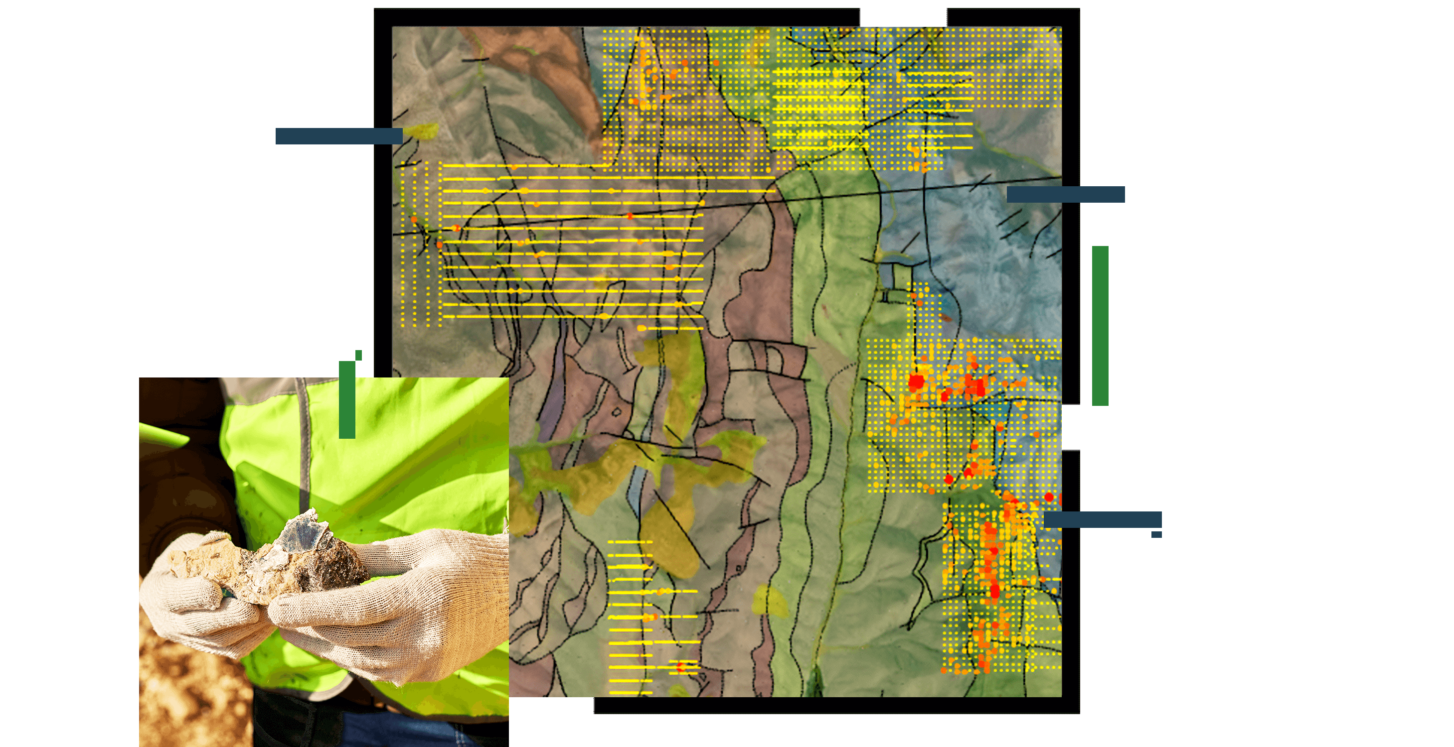 A fieldworker wearing a neon yellow jacket and tan gloves holding a rock, and a map showing red, yellow and orange areas where mineral exploration takes place