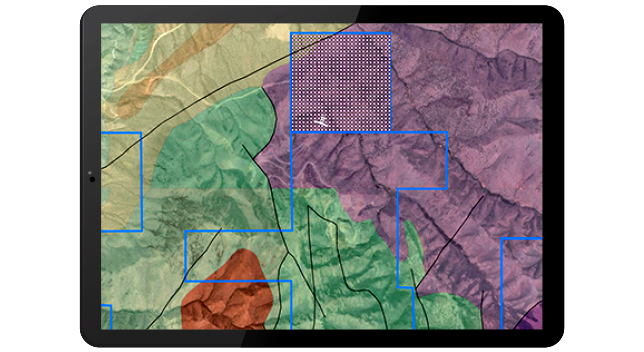 A tablet displaying a map that shows prospecting and land use planning