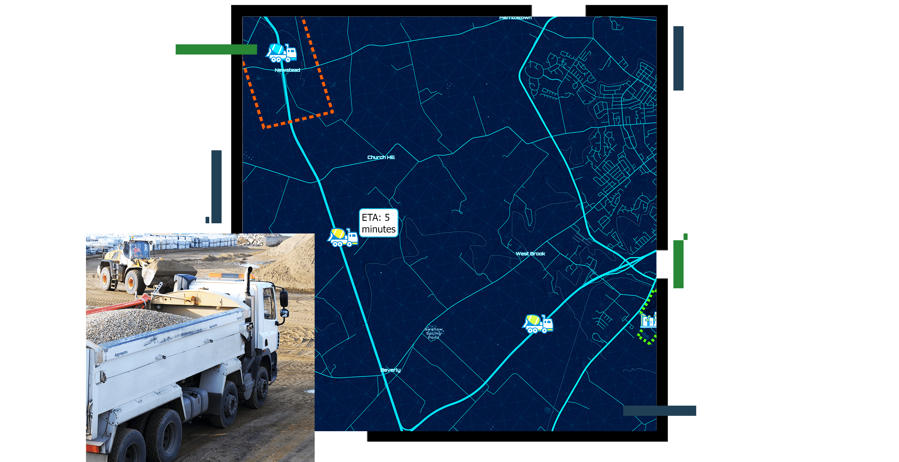 A dump truck loaded with gravel driving to a work field and a map showing an estimated time of arrival of work trucks to a construction site