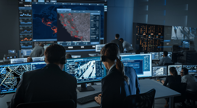 Photo of a dimly lit incident command room filled with people seated at tabletop computer stations and many monitors displaying various maps, with one large wall display featuring a map dashboard