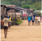 A dirt road lined with wooden structures in a village abutting a lush forest 