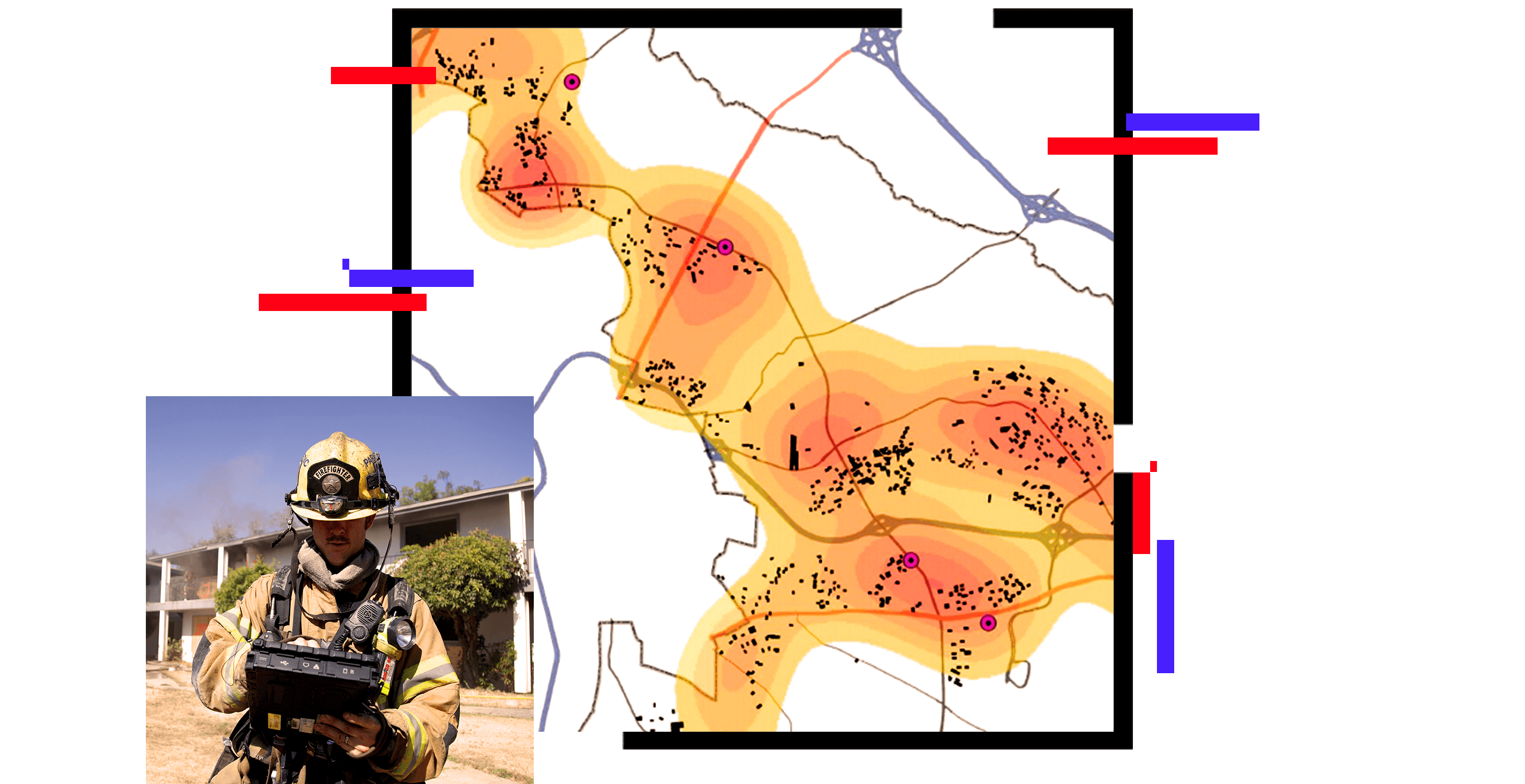 A heat map in yellow and red, overlaid with a photo of a fire responder standing beside an apartment building using a tablet