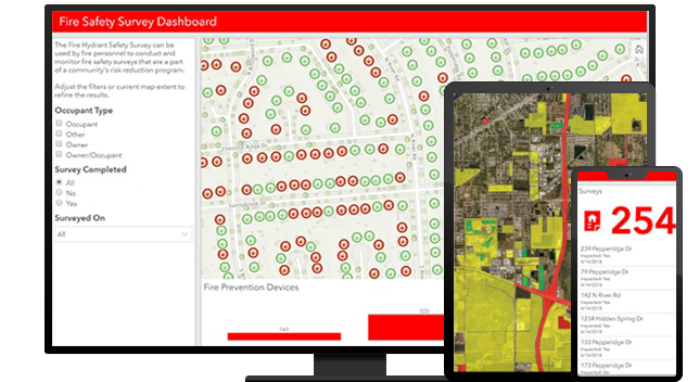 A graphic of a computer monitor displaying a fire safety dashboard, alongside a tablet and mobile phone showing coordinating data