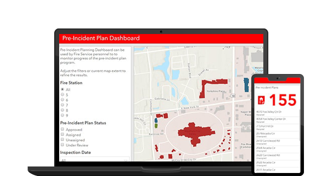 A graphic of a laptop monitor displaying a pre-incident plan dashboard, beside a mobile phone displaying coordinating data