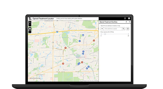 A graphic of a laptop monitor displaying an opioid treatment locator dashboard