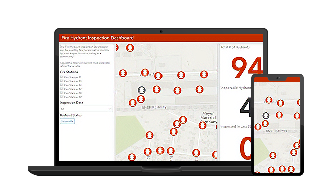 A graphic of a laptop monitor displaying a fire hydrant inspection dashboard, with a mobile phone displaying coordinating data