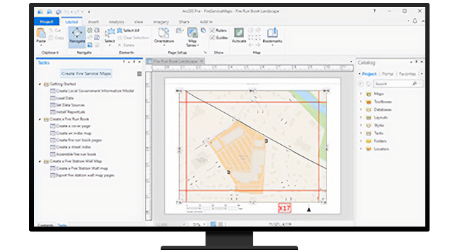 A graphic of a computer monitor displaying a map with several menus of analysis options