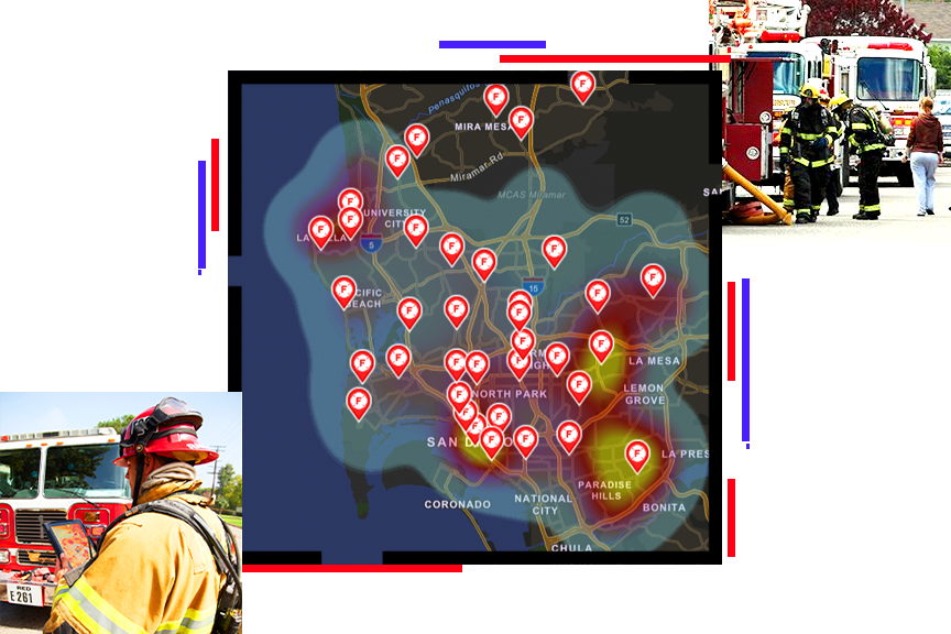 A heat map of a coastal area scattered with fire alert points, overlaid with two photos of fire trucks and personnel at work on city streets