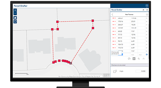 A desktop computer with a parcel drafter map open showing a section outlined in red with red square points