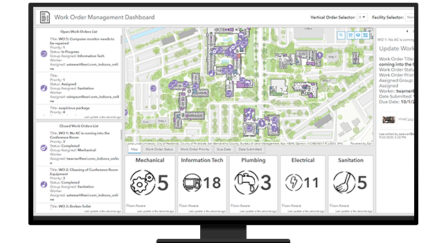 A desktop computer showing a word order management dashboard with a map and the number of work orders open for mechanical, information tech, plumbing, electrical, and sanitation