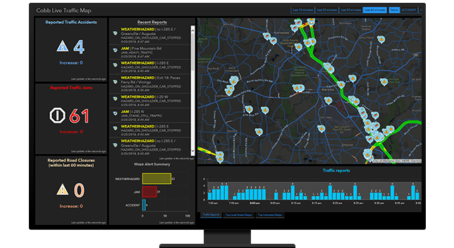 A computer displaying a live traffic map with sidebars showing accidents, traffic jams, and road closures 