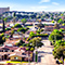 An aerial image of a tree-lined suburb with tidy houses and a city in the distance beneath a clear blue sky