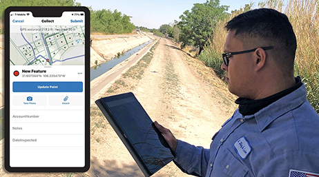 A mobile worker looking at a tablet beside an aqueduct overlaid with a device displaying an ArcGIS interface