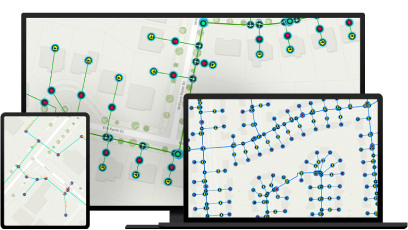 Three different device displays with images of utility asset maps on their screens