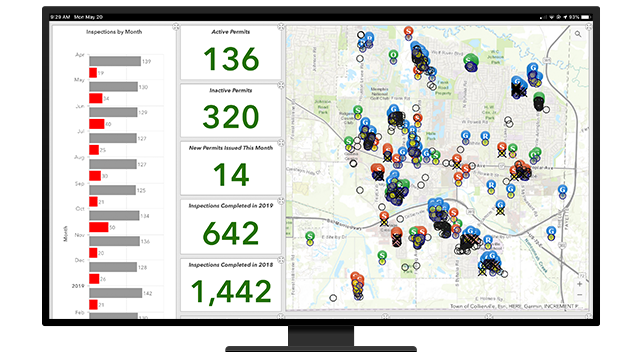 A desktop monitor screen displaying a dashboard with a map alongside metrics and a bar graph