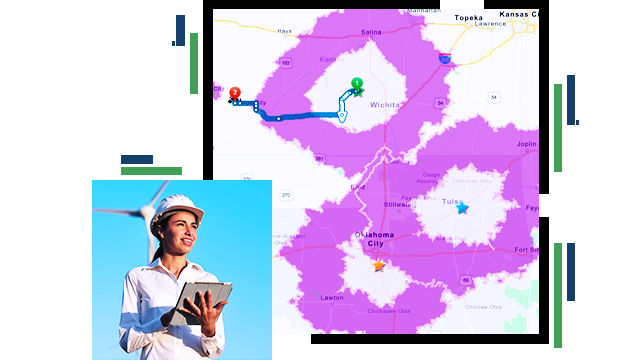 A map with purple highlighted areas showing areas of operation, and a field worker holding a tablet